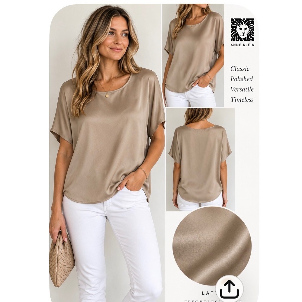 Anne Klein Womens 1X Latte Beige Dolman Sleeve Satin Blouse NWT 10822162-A48
